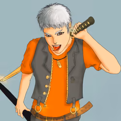 Bad boy in orange shirt black vest with katana