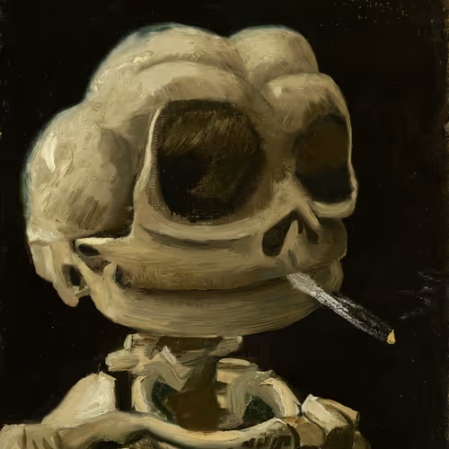 Skull of a Skeleton Pepe with Burning Cigarette