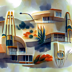 Mid Century Modern Home in Watercolor - Signed by Creator