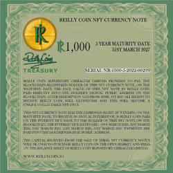 Serial nr 1000-5-2022-00299  Reilly Coin NFT Currency Note - R 1,000 - 3% Interest - 5 Year Maturity