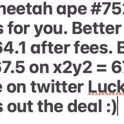 Interested in ur cheetah ape for X2y2 private sale = no fee for you. Contact Luckytradess on twitter