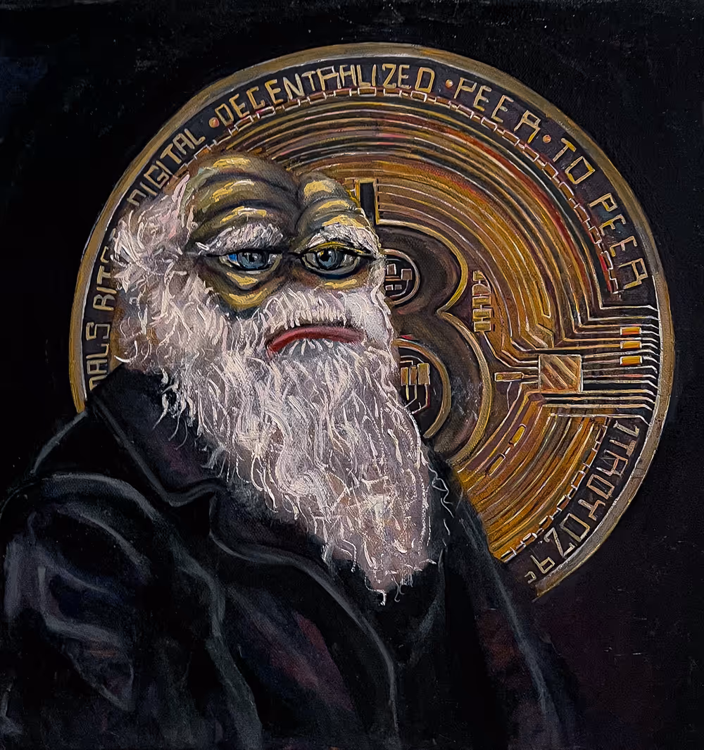 Pepe Charles Darwin with a Bitcoin 