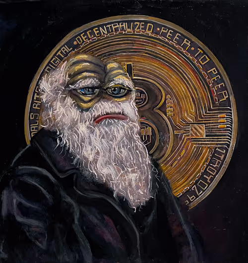 Pepe Charles Darwin with a Bitcoin 
