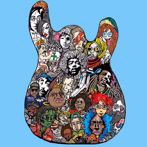 music superstar guitar shape poster 音楽家　寄せ絵