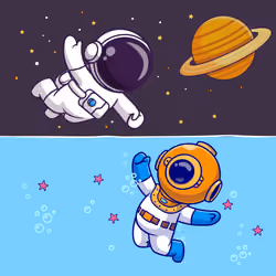 Cute astronaut in space and cute diver in ocean