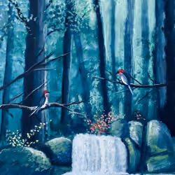  Artist painted birds of paradise in the forest with acrylic paint on cardboard