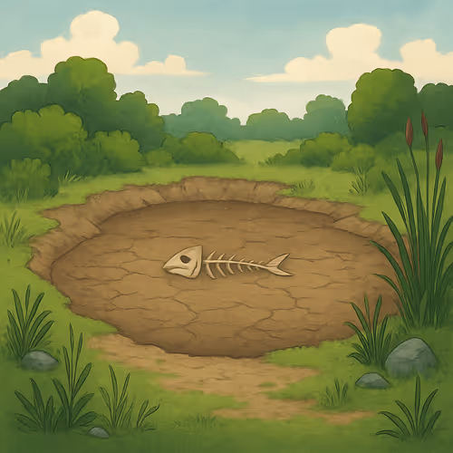 Dry Pond Surrounded by Lush Greenery