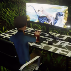 Desktop #254: The Developer in the Black Slim Chair With a Desk Lamp and a Kitty Monitor on a Barbed