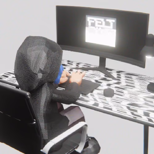 Desktop #131: The Hacker in the Black Slim Chair With a Desk Lamp and a Old School Monitor on a Patt