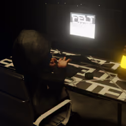 Desktop #240: The Hacker in the Black Slim Chair With a Gas Lamp and a Old School Monitor on a Barbe