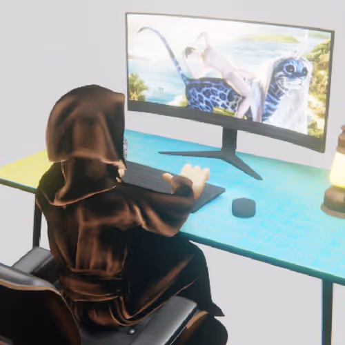 Desktop #75: The Guru in the Eames Chair With a Gas Lamp and a Kitty Monitor on a Green FELT Zine Ta