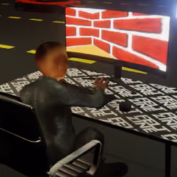 Desktop #17: The Business in the Black Slim Chair With a Hanging Light and a Maze Monitor on a Felt 