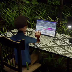 Desktop #103: The Developer in the French Wood Chair With a Desk Lamp and a Please Stand By Monitor 