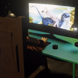 Desktop #242: The Guru in the Electric Chair With a Desk Lamp and a Kitty Monitor on a Green FELT Zi