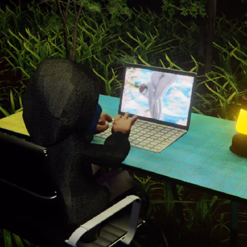 Desktop #331: The Hacker in the Black Slim Chair With a Gas Lamp and a Gardens Monitor on a Green FE
