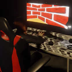 Desktop #213: The Business in the Gaming Chair With a Desk Lamp and a Maze Monitor on a Pattern Tabl