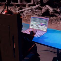 Desktop #184: The Guru in the Electric Chair With a Drone and a Please Stand By Monitor on a Green F