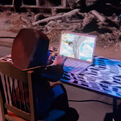Desktop #293: The Hacker in the French Wood Chair With a Drone and a Gardens Monitor on a Pattern Ta