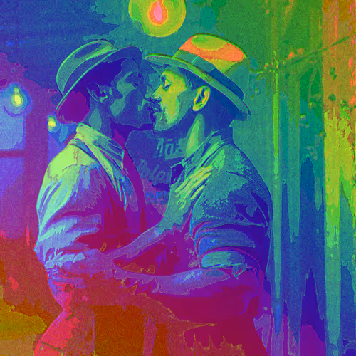 TWO MEN KISSING