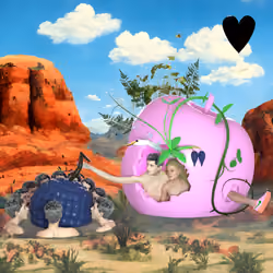 #252 | Group feeding alongside lovers in a Mega-Apple scene with background seed 815 and a Black Heart card suit