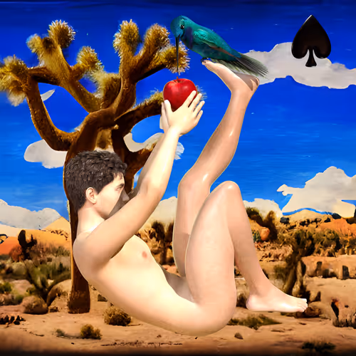 #185 | Bird perched on mans foot eating apple scene with background seed 999 and a Black Spade card suit