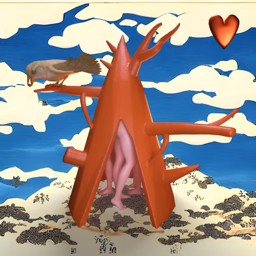 #210 | Group inside organic tent with a bird scene with background seed 858 and a Red Heart card suit