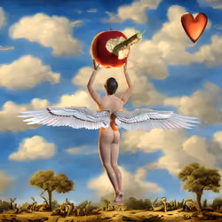#8 | Angel holding apple with caterpillar scene with background seed 555 and a Red Heart card suit