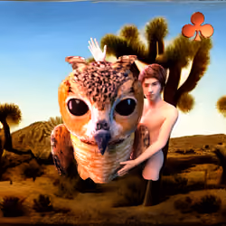 #205 | Man with Mega-Owl scene with background seed 804 and a Red Club card suit