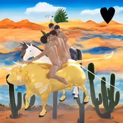 #164 | Man riding golden bull in group scene with background seed 135 and a Black Heart card suit