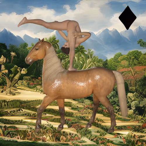 #391 | Man riding horse on one leg bent over scene with background seed 738 and a Black Diamond card suit
