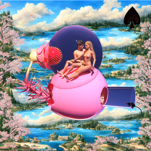 #221 | Lovers in a glass sphere scene with background seed 469 and a Black Spade card suit