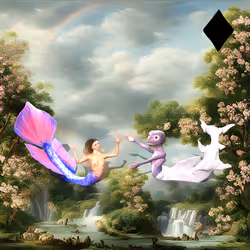 #158 | Mermaid species embracing scene with background seed 511 and a Black Diamond card suit