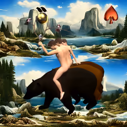 #215 | Group riding bears with Birds and Nests scene with background seed 336 and a Red Spade card suit