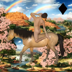 #327 | Man dramatic while riding horse scene with background seed 229 and a Black Diamond card suit