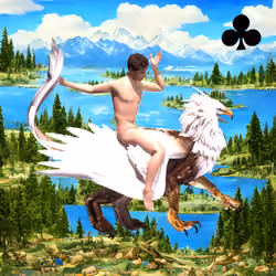 #323 | Man riding Griffin scene with background seed 655 and a Black Club card suit