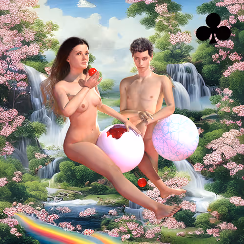 #153 | Lovers eating fruit scene with background seed 358 and a Black Club card suit