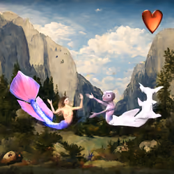 #203 | Mermaid species embracing scene with background seed 584 and a Red Heart card suit