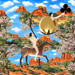 #98 | Man Riding Horse Holding Mega-Fruit scene with background seed 139 and a Black Club card suit