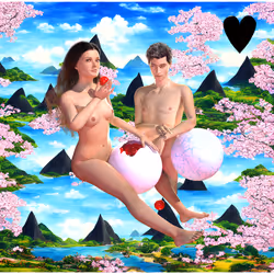 #339 | Lovers eating fruit scene with background seed 263 and a Black Heart card suit