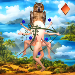 #82 | Owl Group scene with background seed 730 and a Red Diamond card suit