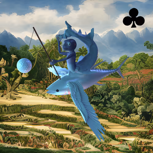 #68 | Flying fish with golf ball scene with background seed 290 and a Black Club card suit