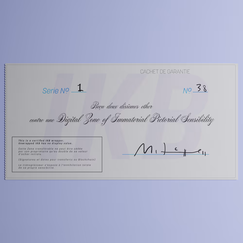 Digital Zone of Immaterial Pictorial Sensibility, Series 1, Edition 38. (Wrapped)