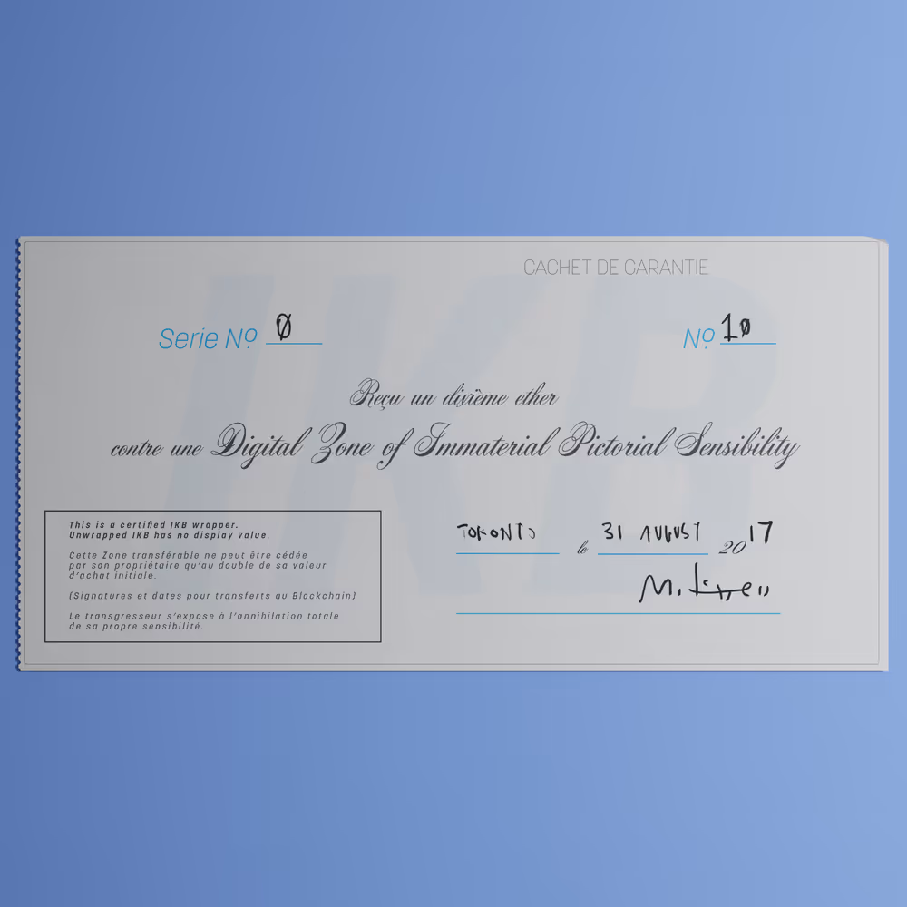 Digital Zone of Immaterial Pictorial Sensibility, Series 0, Edition 10. (Wrapped)