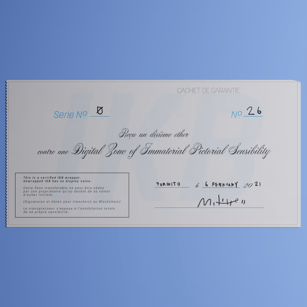 Digital Zone of Immaterial Pictorial Sensibility, Series 0, Edition 26. (Wrapped)