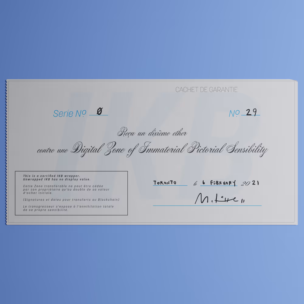 Digital Zone of Immaterial Pictorial Sensibility, Series 0, Edition 29. (Wrapped)