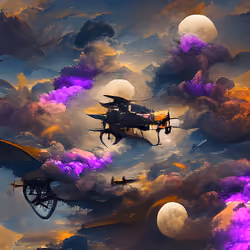 Steampunk aircraft flys in dark purple clouds and moonlight