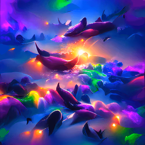 celestial starry purple sea filled with colorful whales surrounded by aurora borealis
