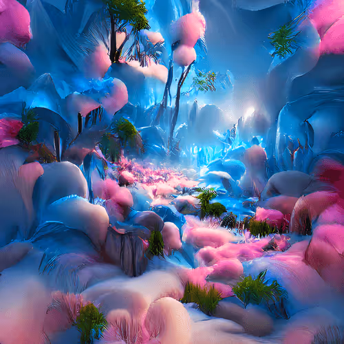 An enchanted forest made of blue and pink cotton candy