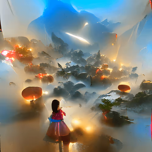 Little girl in cheongsam observes Crystal spaceships descend through fog