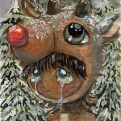 Little boy wearing a Rudolph hat in the pine forest